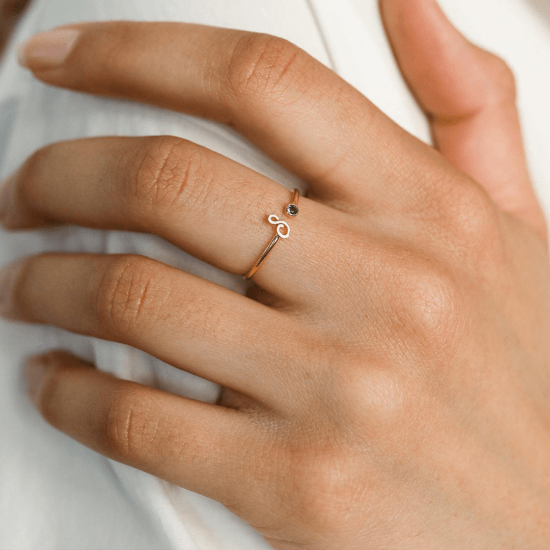 Personalized Initial Letter Ring With Birthstone - TRIOVARI ACCESSORIES