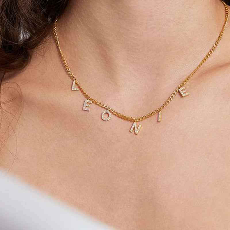 Personalized Name Necklace with Separated Letters and Zircon on Curb Chain