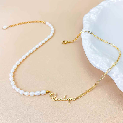 Personalized Name Necklace On A Mixed Paper Clip And Pearls Chain