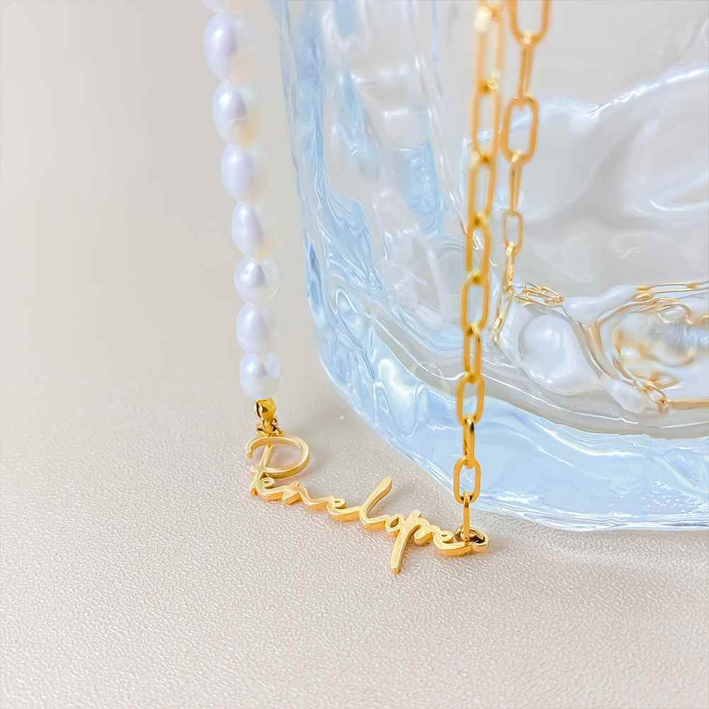 Personalized Name Necklace On A Mixed Paper Clip And Pearls Chain