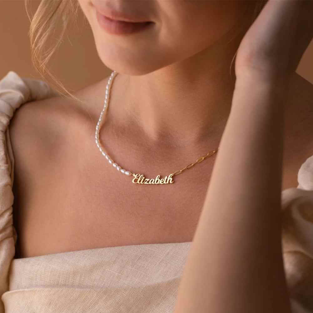Personalized Name Necklace On A Mixed Paper Clip And Pearls Chain