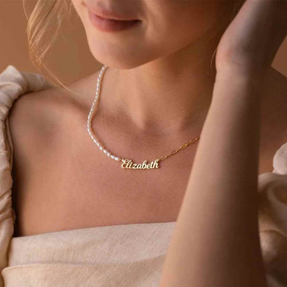 Personalized Name Necklace On A Mixed Paper Clip And Pearls Chain