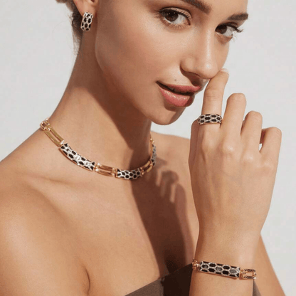 Harmony Jewelry Set featuring a coordinated luxury necklace and matching drop earrings with a brilliant finish.