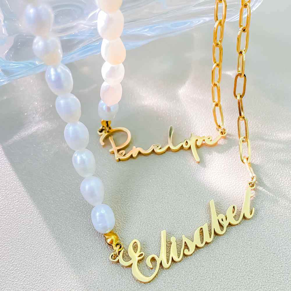 Personalized Name Necklace On A Mixed Paper Clip And Pearls Chain