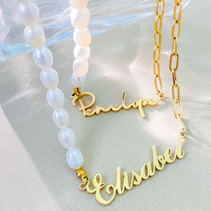 Personalized Name Necklace On A Mixed Paper Clip And Pearls Chain