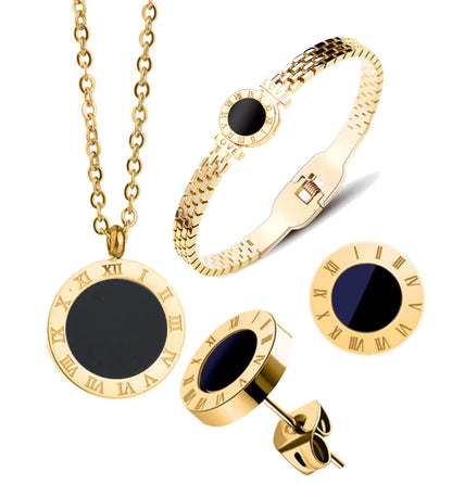Chic Jewelry Set featuring a modern matching necklace, bracelet, and earrings with a high-polish luxury finish.
